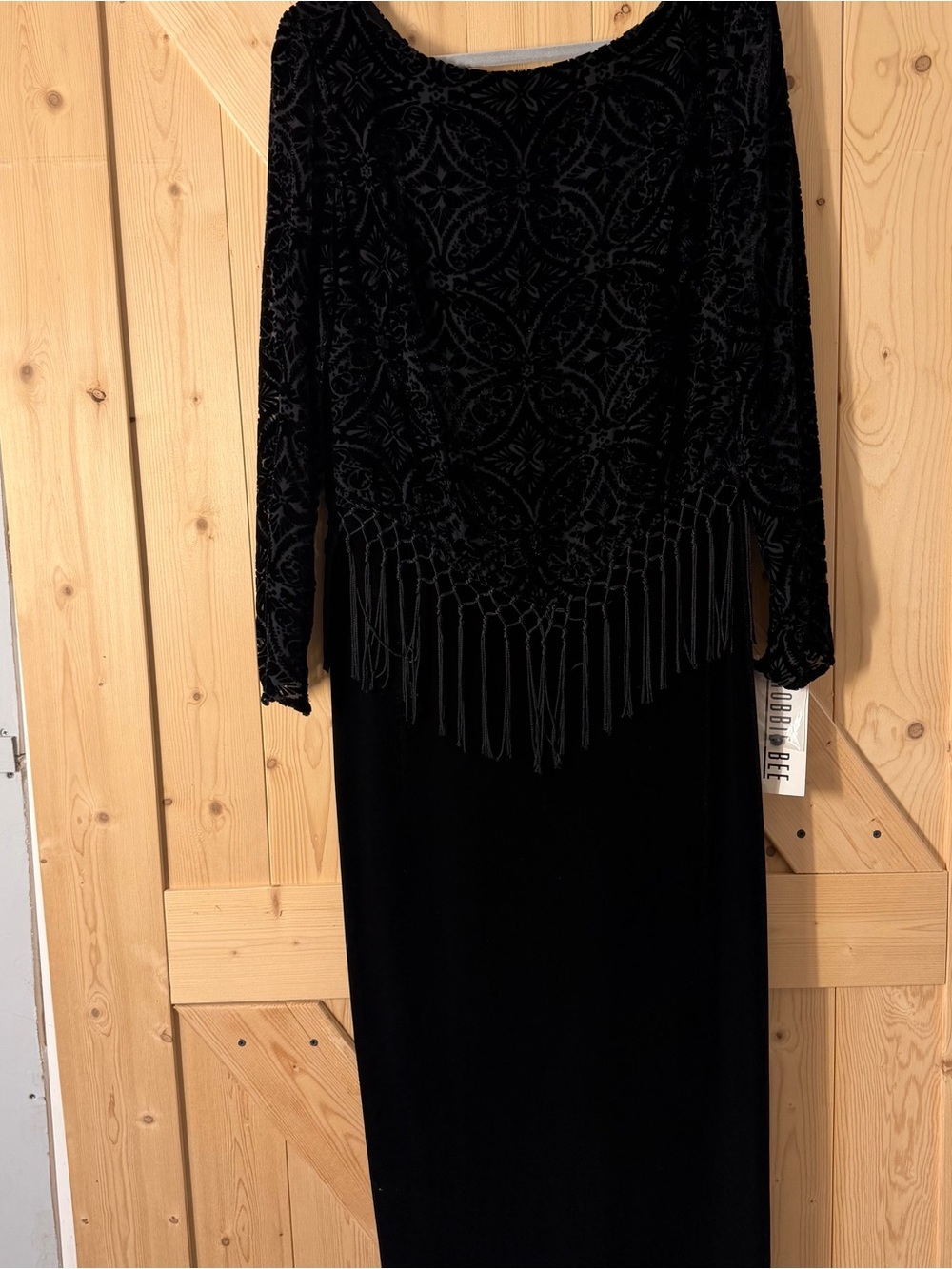 Robbie Bee Black Velvet Burnout Fringe Long Sleeve Maxi Dress